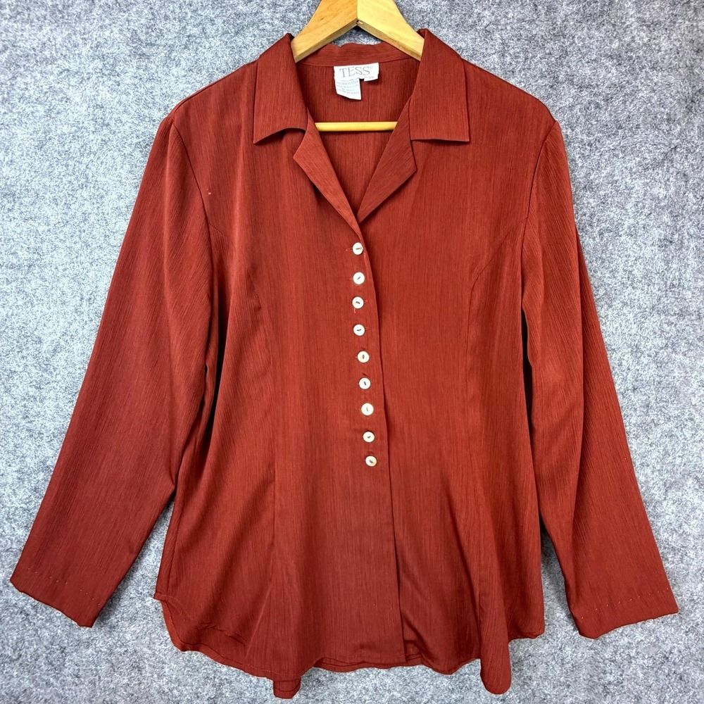Vintage Tess Sedretary Blouse Top Womens‎ 14 Orange Camp Collar Office Chic 90s